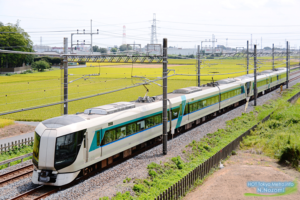 収穫時に稲穂に溶け込む東武電車を撮影